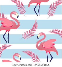 vector background with pink flamingo, tropical leaves of pink color on transparent background