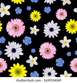 Vector Background pink with flower. Seamless simple floral pattern on a black background.