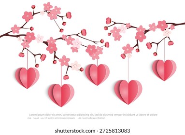 Fondo de Vector con flores rosadas, corazones cortados de papel colgantes. Puede ser utilizado para tarjetas de boda, Anuncio del día de San Valentín, cartel