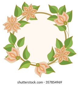 Vector background with pink flowers in vintage style. Round frame with stylized Lily flowers.