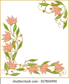 Vector background with pink flowers in vintage style. Frame, card with stylized Lily flowers.