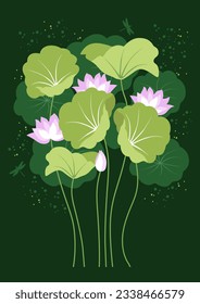 Fondo vectorial con lotos rosados y hojas verdes sobre un fondo oscuro. Plantilla de diseño elegante con lotos. Nelumbo nucifera flor para postales, carteles, invitaciones.