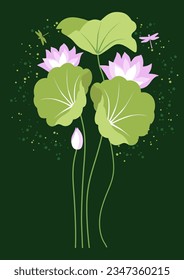 Vector background with pink lotuses and green leaves on a dark background. Stylish design template with lotuses. Flower Nelumbo nucifera for postcards, banners, invitations, cover design.