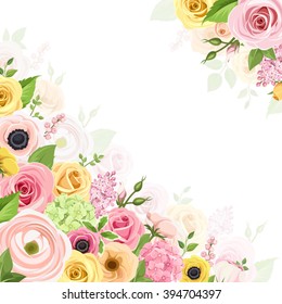 Vector background with pink, orange and yellow roses, lisianthuses, anemones, ranunculus and hydrangea flowers and green leaves. 