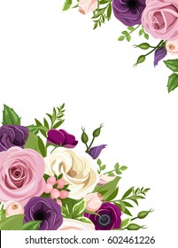 Vector background with pink, purple, white and orange roses, lisianthus and anemone flowers and green leaves.