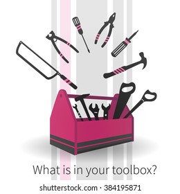 Vector background with pink toolbox and plane working tools. Text - what is in your toolbox?