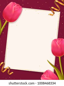 Vector background with pink tulips and blank paper sheet. Holiday banner for Women's Day or Mother's Day greeting cards, or for wedding invitation. Spring illustration with flowers and place for text.