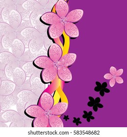Vector background with pink and white flowers, multi-colored curved lines. Divided into two halves, lilac colors and flower