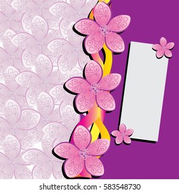 Vector background with pink and white flowers, multi-colored curved lines. Divided into two halves, lilac colors and flower