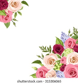 Vector background with pink, white and purple roses, lisianthuses and lilac flowers and green leaves on a white background.