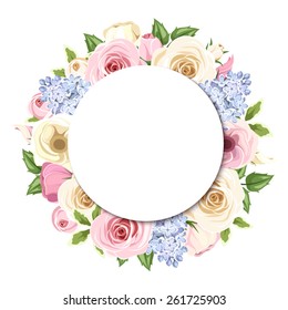Fondo vectorial con rosas rosas rosas y blancas y flores lisianas, flores azules de lila y hojas verdes.