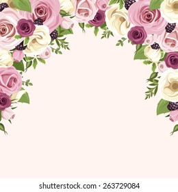 Vector background with pink and white roses and lisianthus flowers, blackberries and green leaves isolated on a white background.