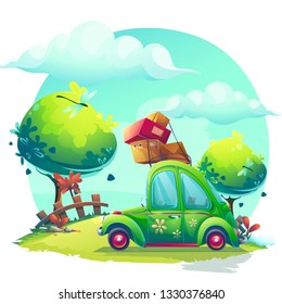Vector background Pin-up style with green car. For web, video games, user interface, design.