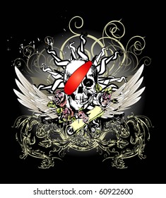  vector background of the pirate skull , scroll with a map  and roses