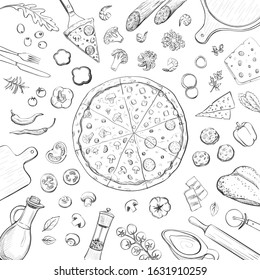 Vector background with pizza and pizza ingredients. Hand drawings on a white background