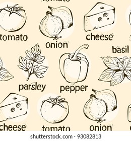 Vector background from pizza ingredients onion pepper parsley cheese tomato and basil