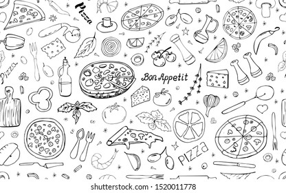 Vector background with pizza and snacks. Useful for packaging, menu design and interior decoration. Hand drawn doodles.  Seamless pattern of food and pizza elements on white background.