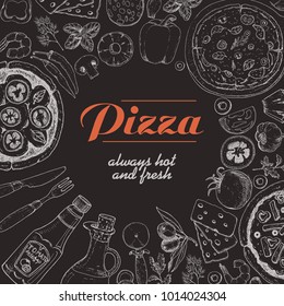 Vector background with pizza and various products. Vector illustration for your design