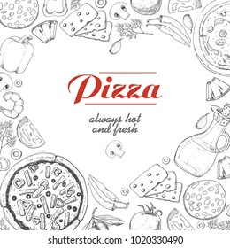 Vector background with pizza and various products. Vector illustration for your design