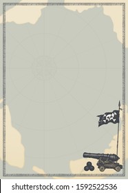 Vector background with place for text, cannon and old map. Vintage illustration on the theme of travel, adventure and discovery. Empty treasure map with hand drawn frame, gun, cores and pirates flag