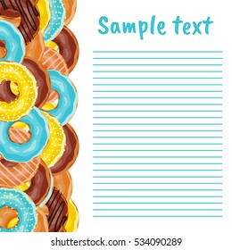 Vector background with place for text. Cute donuts with colorful glazing or cream on white background. Cookie sweets, food or candy decoration. Flat lay style