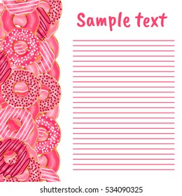 Vector background with place for text. Cute donuts with colorful glazing or cream on white background. Cookie sweets, food or candy decoration. Flat lay style