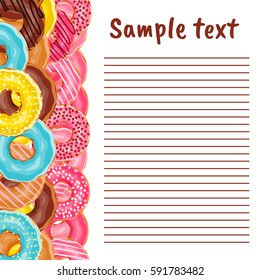 Vector background with place for text. Cute donuts with colorful glazing or cream on white background. Cookie sweets, food or candy decoration. Flat lay style