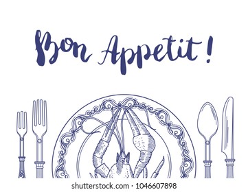 Vector background with place for text and hand drawn tableware with lobster on plate illustration