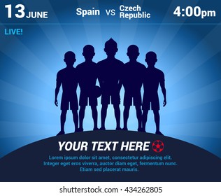 Vector background with place for your text and soccer players team silhouettes standing on the football field in the glow of spotlights. Soccer match announcement poster