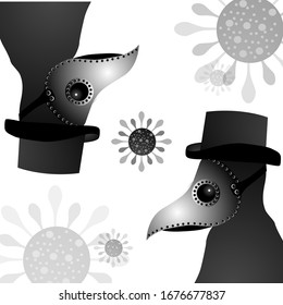 Vector background of plague doctor  with bird mask and hat. Coronavirus crisis concept. Black and white vector illustration isolated on white background. EPS10