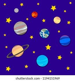 Vector Background with Planets and Stars, Cosmic Backdrop, Colorful Illustration, Paper Art.
