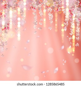 Vector background with plum or cherry blossom. Hanging flowers and lights. Flying petals on spring background