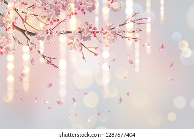 Vector background with plum or cherry blossom. Hanging flowers and lights. Flying petals on spring background