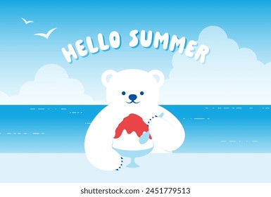 vector background with polar bear eating Japanese shaved ice dessert on the beach for banners, cards, flyers, social media wallpapers, etc.