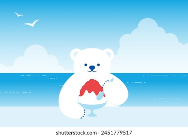 Fondo de Vector con oso polar comiendo japonés afeitado postre de hielo en la playa para Anuncios, tarjetas, volantes, Fondos de pantalla de redes sociales, etc.