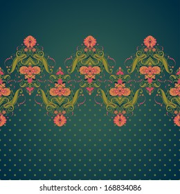 Vector background. Polka dots and vintage oriental border. Bright colors and dark background.