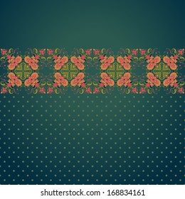 Vector background. Polka dots and vintage oriental border. Bright colors and dark background.