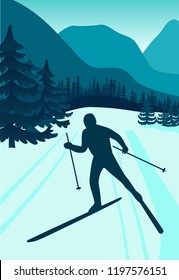 vector background with polygonal landscape illustration with athletes. winter sports. flat design. vector illustration. snowboard, cross-country skiing, skater, downhill skiing