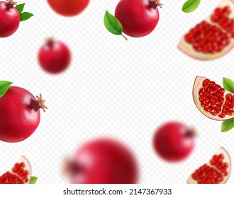 Fondo vectorial con frutas granadas y hojas. Diseño para jugo, granadas de caída borrosa.