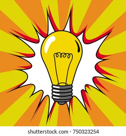 Vector background in pop art style. A burning light bulb.