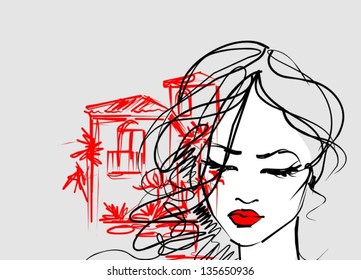 VECTOR background with a portrait of the beautiful young girl