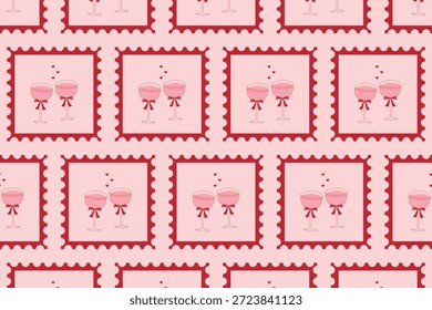 Fondo de Vector con sellos postales, gafas festivas y corazones. Ideal para bodas, eventos especiales, San Valentín y aniversarios.