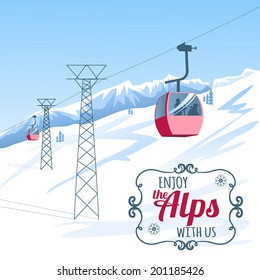 Vector background, postcard with cable-way in the Alps