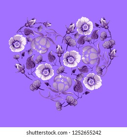 Vector background with pretty flowers in a heart shape