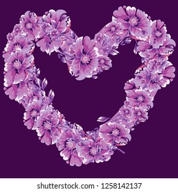 Vector background with pretty flowers in a heart shape