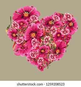 Vector background with pretty flowers in a heart shape
