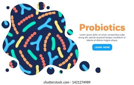 Vector background with probiotics. Bifidobacterium, lactobacillus, streptococcus thermophilus, lactococcus, propionibacterium. Landing page template, banner, mailing, advertising, label, presentation