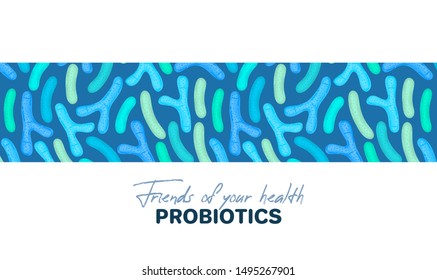 Vector background with probiotics. Bifidobacterium, lactobacillus. Lactic acid bacterium. Microbiome. Medicine or dietary supplement. Landing page, banner, mailing, advertising, label, presentation