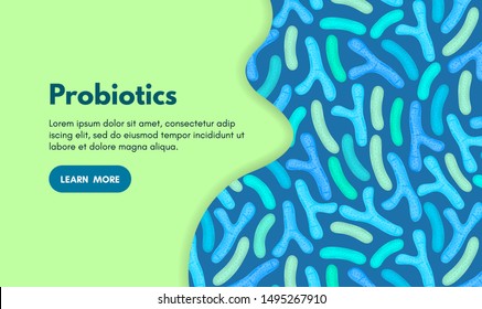 Vector background with probiotics. Bifidobacterium, lactobacillus. Lactic acid bacterium. Microbiome. Medicine or dietary supplement. Landing page, banner, mailing, advertising, label, presentation