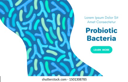Vector background with probiotics. Bifidobacterium, lactobacillus. Lactic acid bacterium. Microbiome. Medicine or dietary supplement. Landing page, banner, mailing, advertising, label, presentation